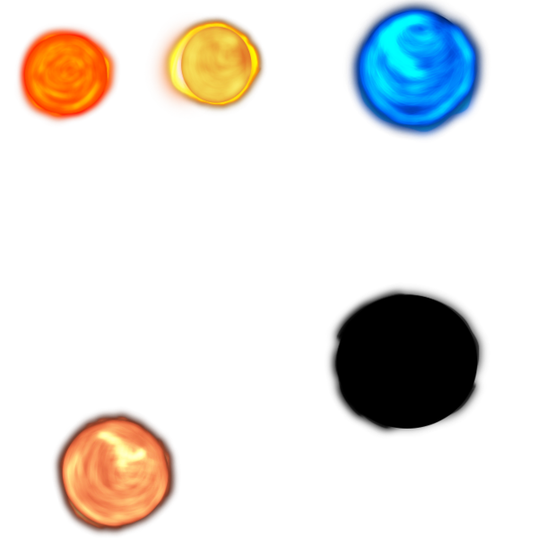 A group of differently colored glowing circles. There is a red one, an orange one, a blue one, a white one, a black one, and a brown one.